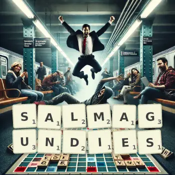 Creative illustration for a Scrabble game with the word SALMAGUNDIES spelled out in tiles on the board.