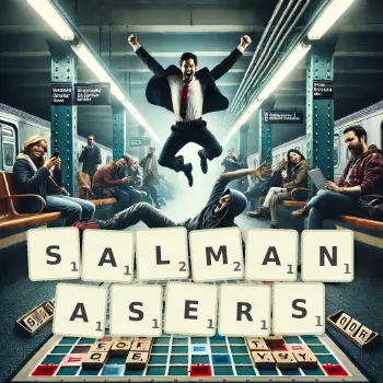 Creative illustration for a Scrabble game with the word SALMANASERS spelled out in tiles on the board.