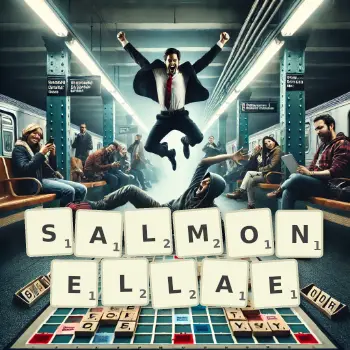 Creative illustration for a Scrabble game with the word SALMONELLAE spelled out in tiles on the board.