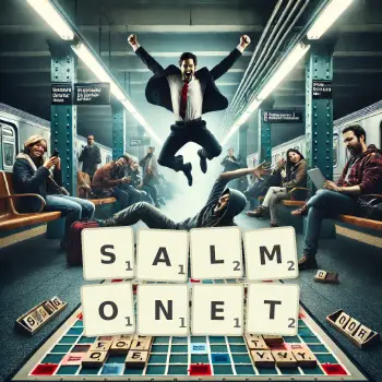 Creative illustration for a Scrabble game with the word SALMONET spelled out in tiles on the board.