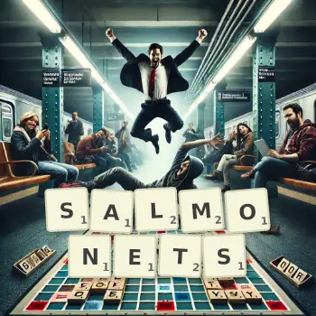 Creative illustration for a Scrabble game with the word SALMONETS spelled out in tiles on the board.