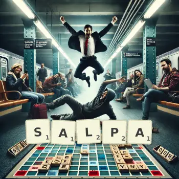 Creative illustration for a Scrabble game with the word SALPA spelled out in tiles on the board.
