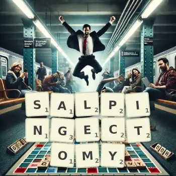 Creative illustration for a Scrabble game with the word SALPINGECTOMY spelled out in tiles on the board.