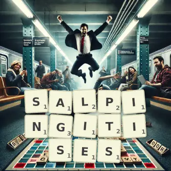 Creative illustration for a Scrabble game with the word SALPINGITISES spelled out in tiles on the board.