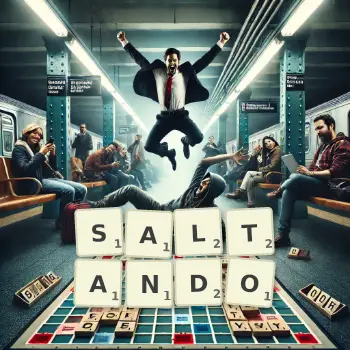 Creative illustration for a Scrabble game with the word SALTANDO spelled out in tiles on the board.