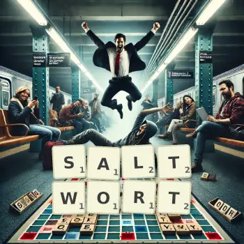 Creative illustration for a Scrabble game with the word SALTWORT spelled out in tiles on the board.