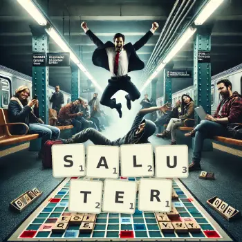 Creative illustration for a Scrabble game with the word SALUTER spelled out in tiles on the board.