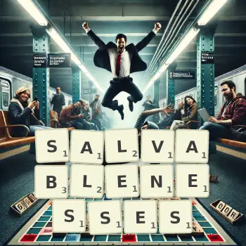 Creative illustration for a Scrabble game with the word SALVABLENESSES spelled out in tiles on the board.