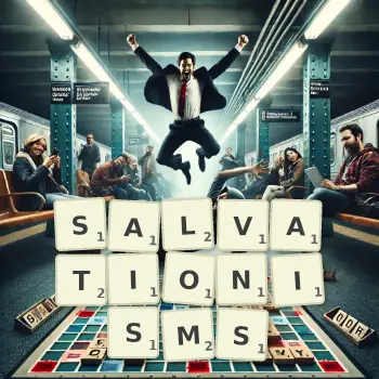 Creative illustration for a Scrabble game with the word SALVATIONISMS spelled out in tiles on the board.