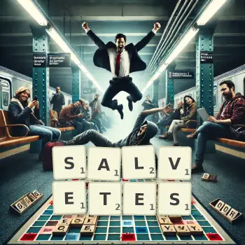 Creative illustration for a Scrabble game with the word SALVETES spelled out in tiles on the board.