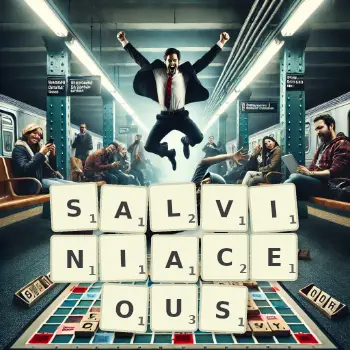 Creative illustration for a Scrabble game with the word SALVINIACEOUS spelled out in tiles on the board.