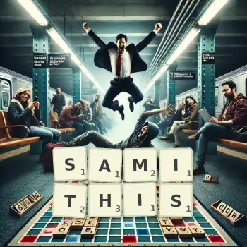 Creative illustration for a Scrabble game with the word SAMITHIS spelled out in tiles on the board.