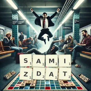 Creative illustration for a Scrabble game with the word SAMIZDAT spelled out in tiles on the board.