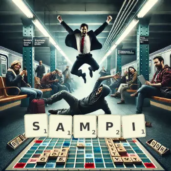 Creative illustration for a Scrabble game with the word SAMPI spelled out in tiles on the board.