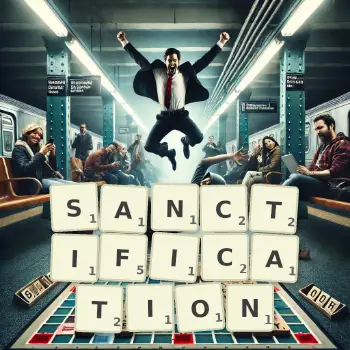 Creative illustration for a Scrabble game with the word SANCTIFICATION spelled out in tiles on the board.
