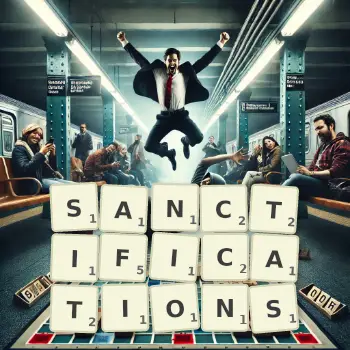 Creative illustration for a Scrabble game with the word SANCTIFICATIONS spelled out in tiles on the board.