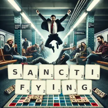 Creative illustration for a Scrabble game with the word SANCTIFYING spelled out in tiles on the board.