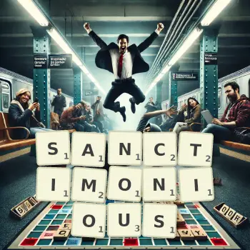 Creative illustration for a Scrabble game with the word SANCTIMONIOUS spelled out in tiles on the board.