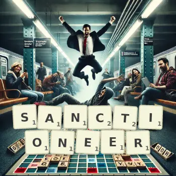 Creative illustration for a Scrabble game with the word SANCTIONEER spelled out in tiles on the board.
