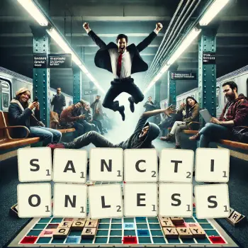 Creative illustration for a Scrabble game with the word SANCTIONLESS spelled out in tiles on the board.