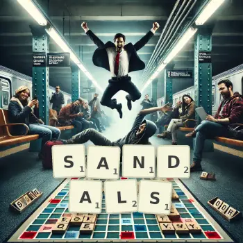 Creative illustration for a Scrabble game with the word SANDALS spelled out in tiles on the board.