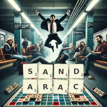 Creative illustration for a Scrabble game with the word SANDARAC spelled out in tiles on the board.