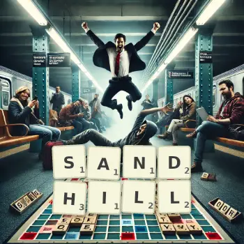 Creative illustration for a Scrabble game with the word SANDHILL spelled out in tiles on the board.