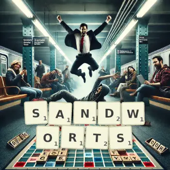 Creative illustration for a Scrabble game with the word SANDWORTS spelled out in tiles on the board.