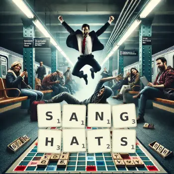 Creative illustration for a Scrabble game with the word SANGHATS spelled out in tiles on the board.