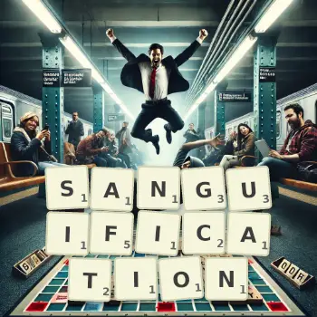 Creative illustration for a Scrabble game with the word SANGUIFICATION spelled out in tiles on the board.