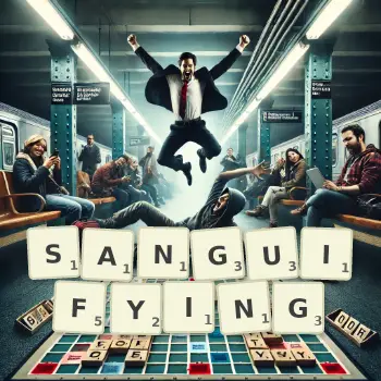 Creative illustration for a Scrabble game with the word SANGUIFYING spelled out in tiles on the board.