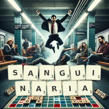 Creative illustration for a Scrabble game with the word SANGUINARIA spelled out in tiles on the board.