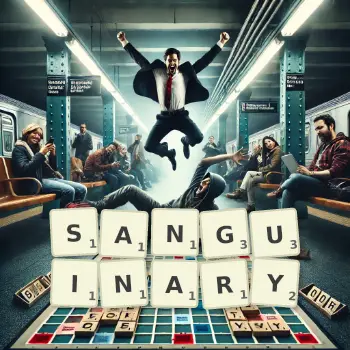 Creative illustration for a Scrabble game with the word SANGUINARY spelled out in tiles on the board.