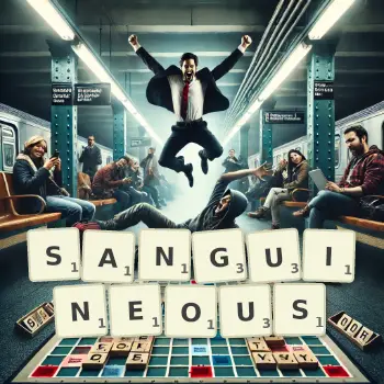 Creative illustration for a Scrabble game with the word SANGUINEOUS spelled out in tiles on the board.