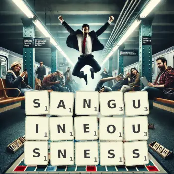 Creative illustration for a Scrabble game with the word SANGUINEOUSNESS spelled out in tiles on the board.