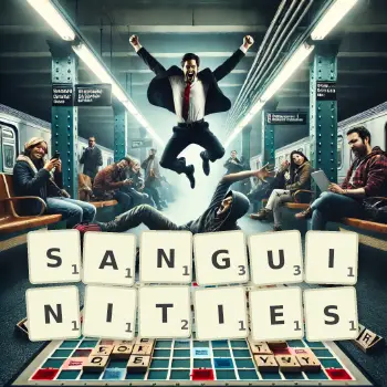 Creative illustration for a Scrabble game with the word SANGUINITIES spelled out in tiles on the board.