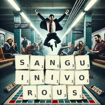 Creative illustration for a Scrabble game with the word SANGUINIVOROUS spelled out in tiles on the board.