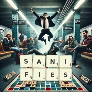Creative illustration for a Scrabble game with the word SANIFIES spelled out in tiles on the board.