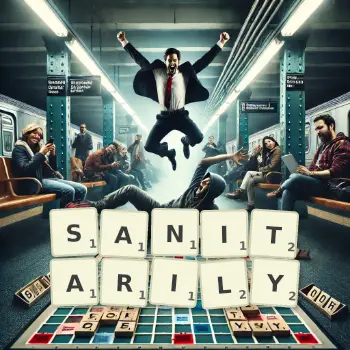 Creative illustration for a Scrabble game with the word SANITARILY spelled out in tiles on the board.