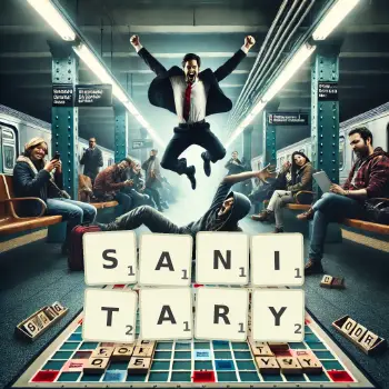 Creative illustration for a Scrabble game with the word SANITARY spelled out in tiles on the board.