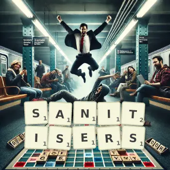 Creative illustration for a Scrabble game with the word SANITISERS spelled out in tiles on the board.