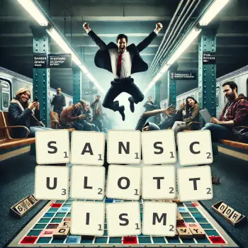 Creative illustration for a Scrabble game with the word SANSCULOTTISM spelled out in tiles on the board.