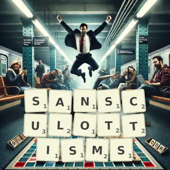 Creative illustration for a Scrabble game with the word SANSCULOTTISMS spelled out in tiles on the board.
