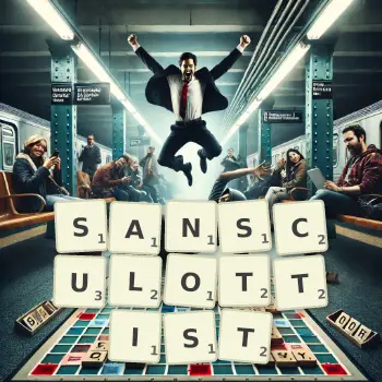 Creative illustration for a Scrabble game with the word SANSCULOTTIST spelled out in tiles on the board.