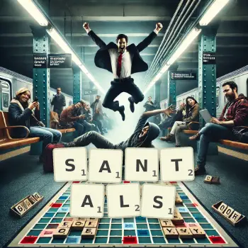 Creative illustration for a Scrabble game with the word SANTALS spelled out in tiles on the board.