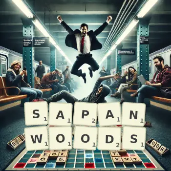 Creative illustration for a Scrabble game with the word SAPANWOODS spelled out in tiles on the board.