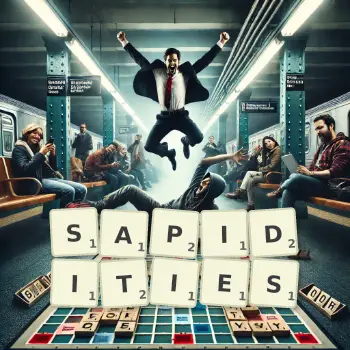 Creative illustration for a Scrabble game with the word SAPIDITIES spelled out in tiles on the board.