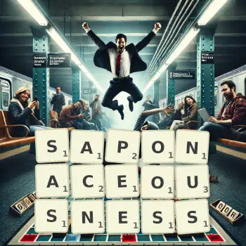 Creative illustration for a Scrabble game with the word SAPONACEOUSNESS spelled out in tiles on the board.