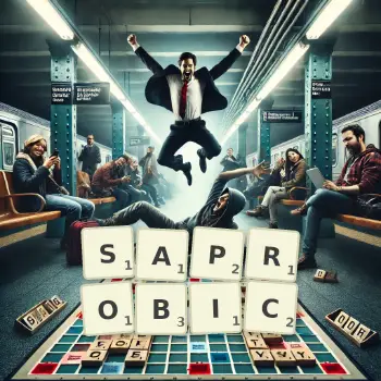 Creative illustration for a Scrabble game with the word SAPROBIC spelled out in tiles on the board.