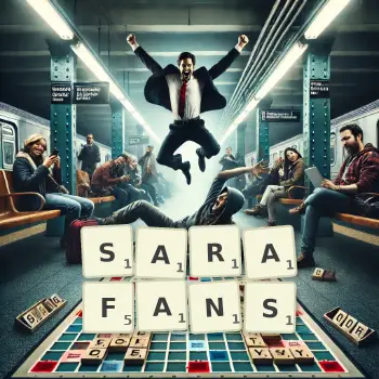 Creative illustration for a Scrabble game with the word SARAFANS spelled out in tiles on the board.